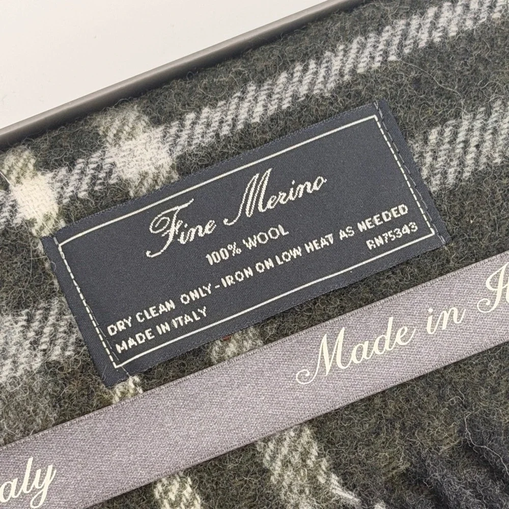 Linea Emmeti 100% Merino Wool Plaid Scarf Olive Green Made in Italy 12x71‎ NIB